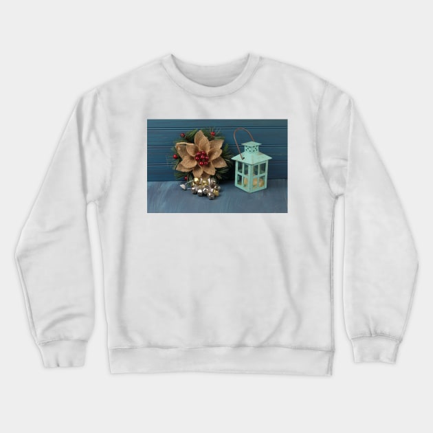 Christmas decorations with candle lamp on a wooden background Crewneck Sweatshirt by ikshvaku